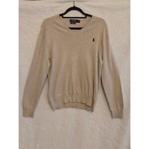 Polo Ralph Lauren Mens Medium Sweater Pima Cotton V-Neck‎ Tan Beige Pony Logo